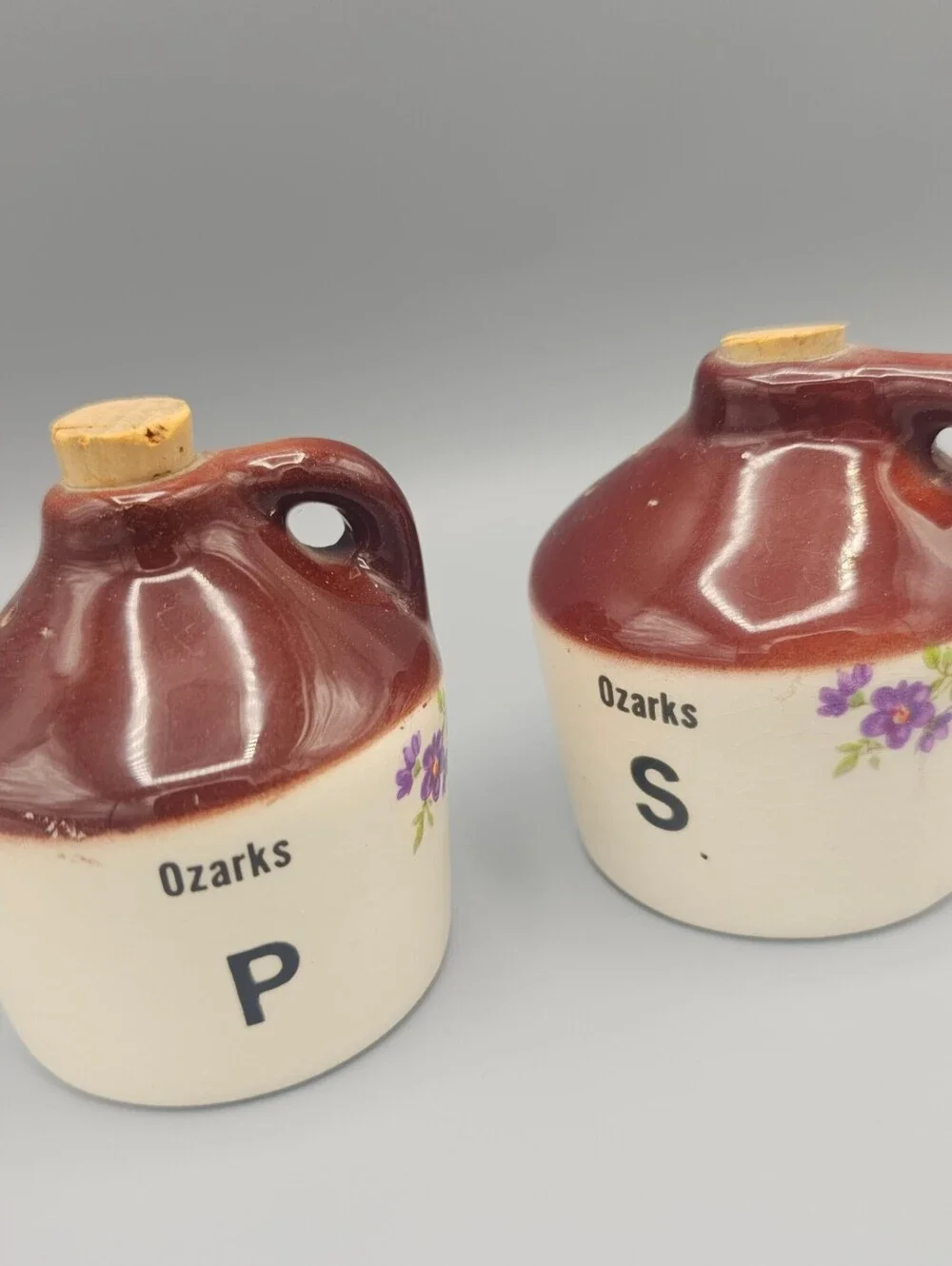 Vintage Ozarks Ceramic Salt and Pepper Shakers with Cork Stoppers
